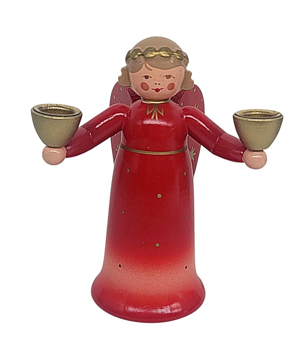 Vtg Red Angel Candleholder Ulbricht Seiffener Nussknackerhaus Germany 3.5"